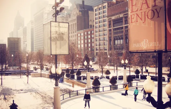 Картинка зима, city, люди, здания, небоскребы, каток, USA, америка