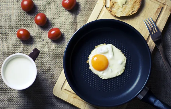 Яйцо, завтрак, утро, молоко, яичница, помидоры, food, morning