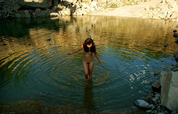 Girl, sexy, river, long hair, legs, nature, nipples, boobs