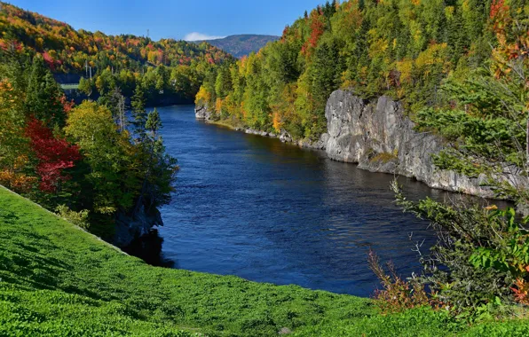 Картинка Ньюфаундленд и Лабрадор, Newfoundland and Labrador, осень, Канада, скалы, река, лес, Humber River
