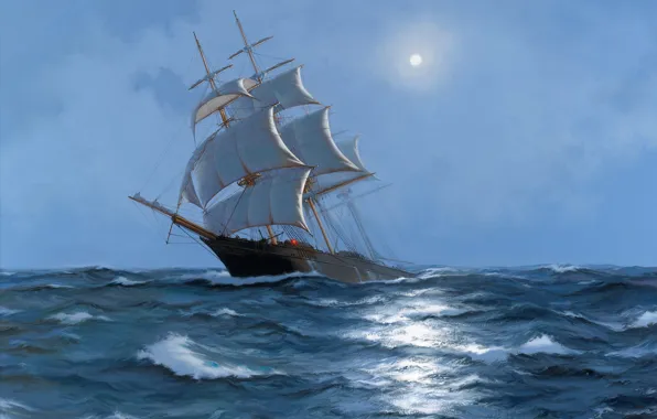 Картинка море, масло, парусник, James Brereton, «Rising Wind. Clipper Lak Loo»