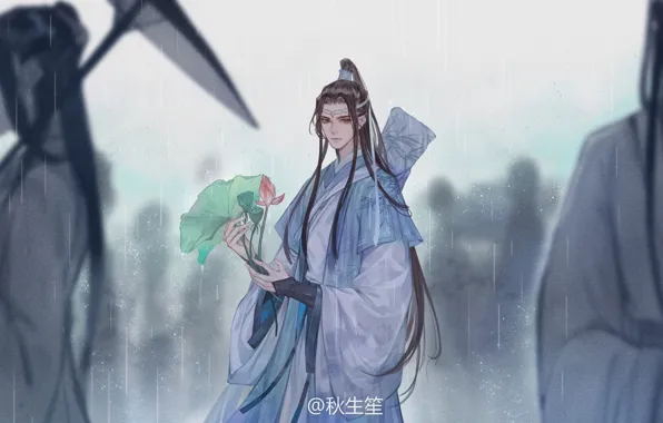 Картинка люди, зонт, ливень, длинные волосы, листья лотоса, китайская одежда, Mo Dao Zu Shi, Магистр дьявольского …