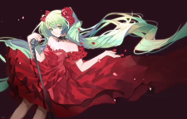 Девушка, красное платье, Hatsune Miku, Vocaloid, Вокалоид, Хатсуне Мику, qie (25832912)