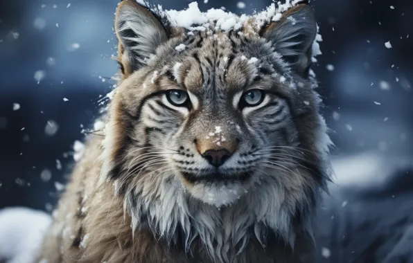 Зима, взгляд, снег, природа, поза, рысь, мордашка, ИИ-арт