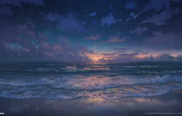 Waves, sea, coast, sunset, stars
