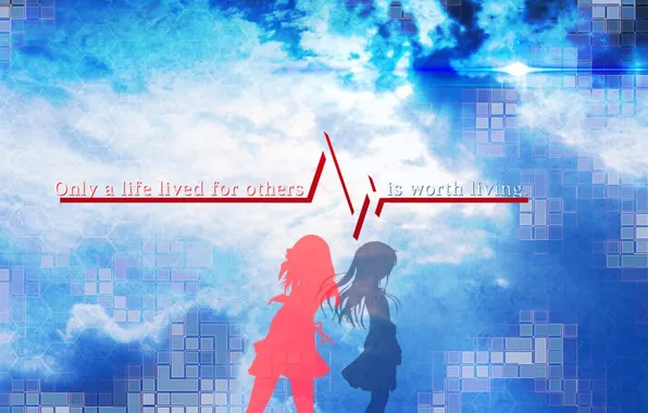 Синий, красный, девушки, аниме, ангельские ритмы, angel beats