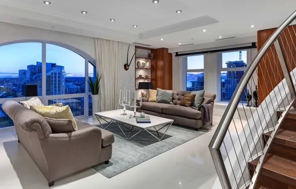 Интерьер, лестница, гостиная, Vancouver, Luxury Penthouse, Elysium Grace Tower
