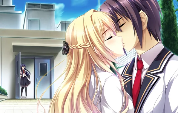 Поцелуй, галстук, форма, школьники, на крыше, visual novel, подглядывание, mote sugite shuraba na ore