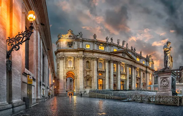 Картинка небо, облака, огни, Рим, Ватикан, собор Святого Петра