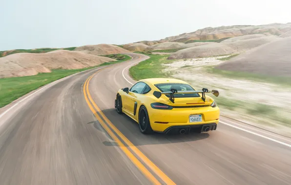 Картинка Porsche, Cayman, yellow, rear view, Weissach Package, 718, Porsche 718 Cayman GT4 RS