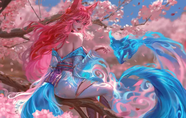 Девушка, дух, сакура, фэнтези, лиса, цветение, League of Legends, Ahri