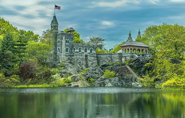 Картинка озеро, парк, замок, Нью-Йорк, Манхэттен, Manhattan, New York City, Центральный парк