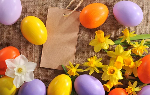 Картинка цветы, яйца, Пасха, flowers, нарциссы, spring, Easter, eggs