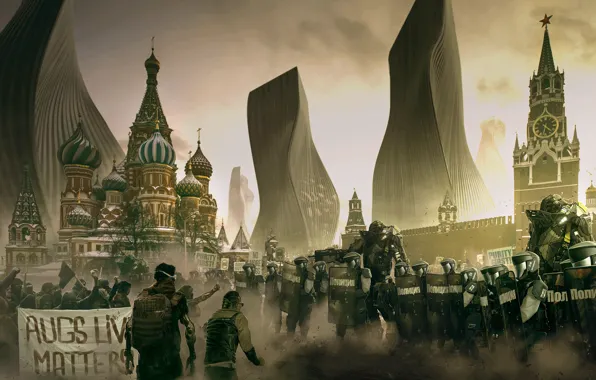 Картинка город, люди, фантастика, москва, площадь, солдаты, кремль, броня