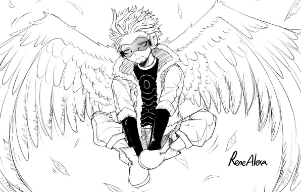 Крылья, ангел, арт, парень, чёрно - белое, My Hero Academia, Boku No Hero Academia, Моя …