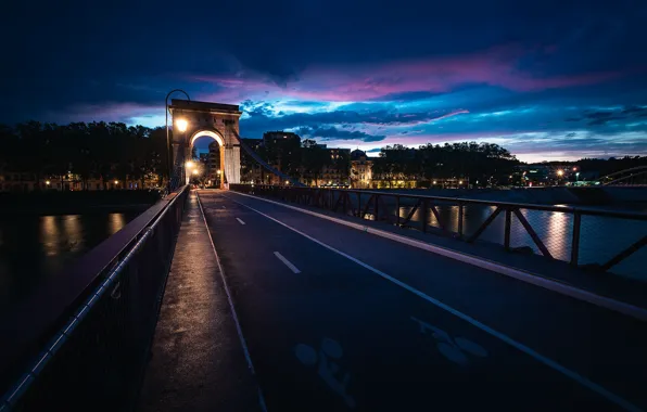 Картинка ночь, мост, город, Auvergne-Rhône-Alpes, Vaise Rochecardon Industrie, Arrondissement de Lyon