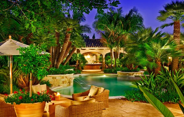 Картинка пальмы, вилла, бассейн, экзотика