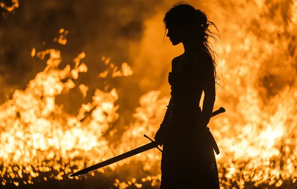 Картинка warrior, women, silhouette, women with swords, AI art, sword, orange, side view