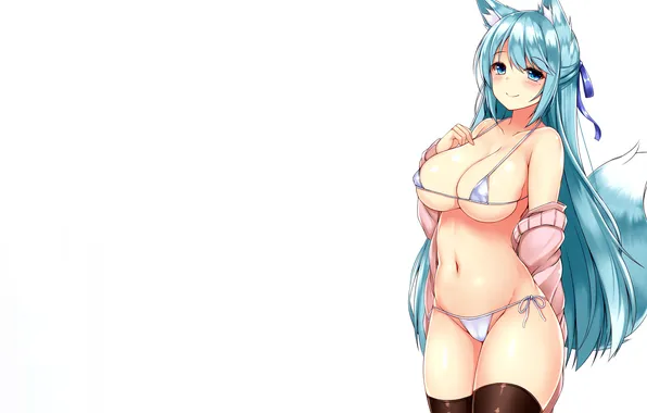 Girl, sexy, cleavage, thighhighs, long hair, boobs, animal ears, anime