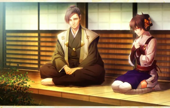 Прическа, кимоно, двое, веранда, visual novel, toki no kizuna, yukina suzmori, motoyasu mouri