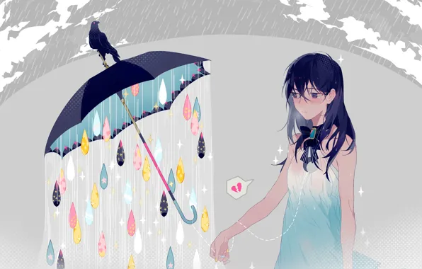 Девушка, капли, дождь, зонт, аниме, арт, ворона, ryuutsuki basetsu