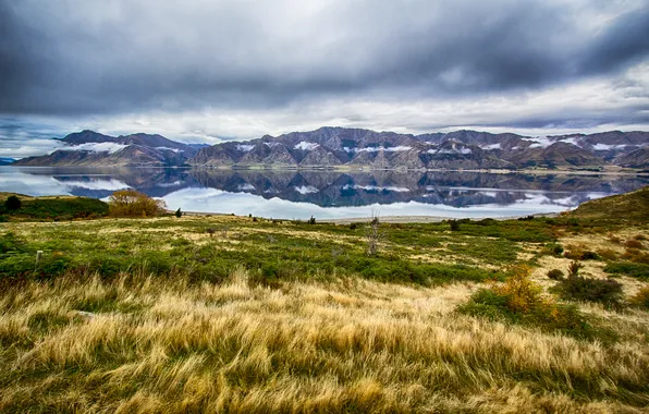 Картинка осень, небо, трава, облака, снег, горы, озеро, новая зеландия