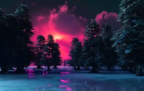 Картинка небо, вода, солнце, снег, деревья