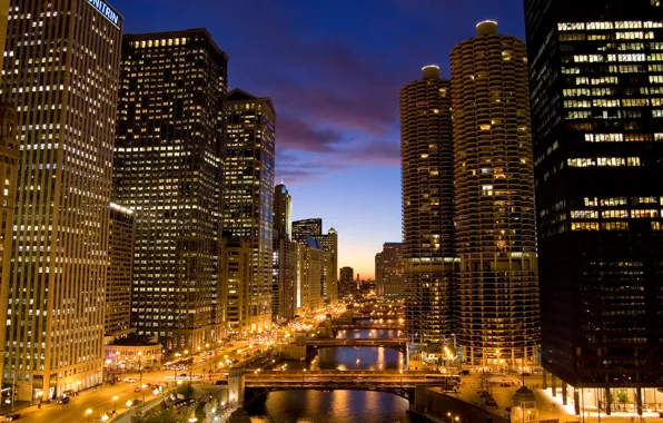 Ночь, огни, здания, небоскребы, америка, мосты, чикаго, Chicago