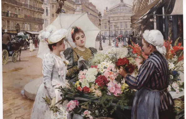 Картинка цветы, продавщица, de SCHRYVER, две женщины с зонтиком