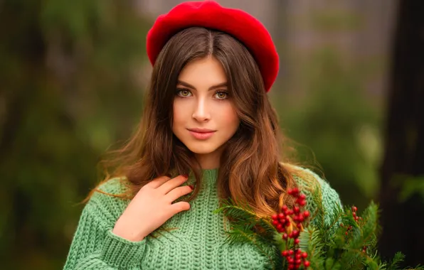 Взгляд, девушка, природа, ягоды, берет, свитер, Ольга Бойко