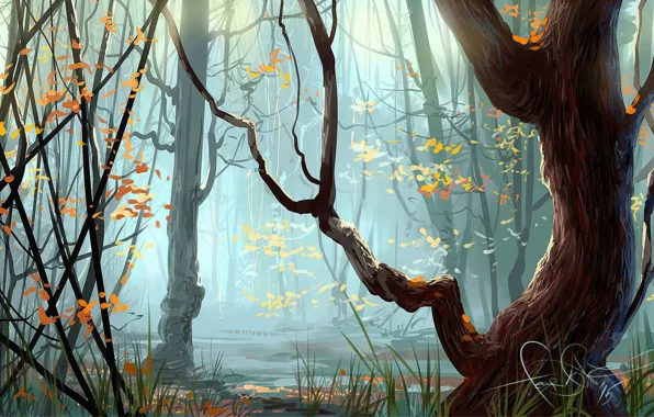 Картинка осень, лес, трава, деревья, арт