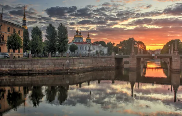 Картинка мост, город, река, утро, Питер, Мойка, Санкт-Петербург, Михайловский замок