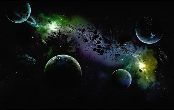 Картинка небо, вселенная, планета, кольца, астероид