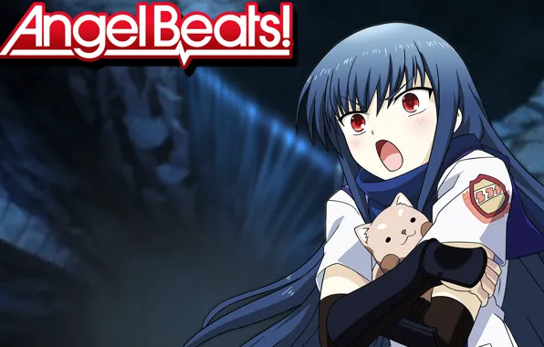 Кот, девушка, аниме, красные глаза, ангельские ритмы, чёрные волосы, angel beats