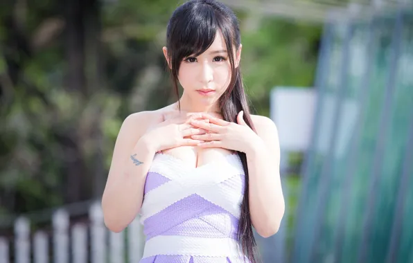 Взгляд, азиатка, brown eyes, размытый фон, карие глаза, look, asian, black-haired beauty