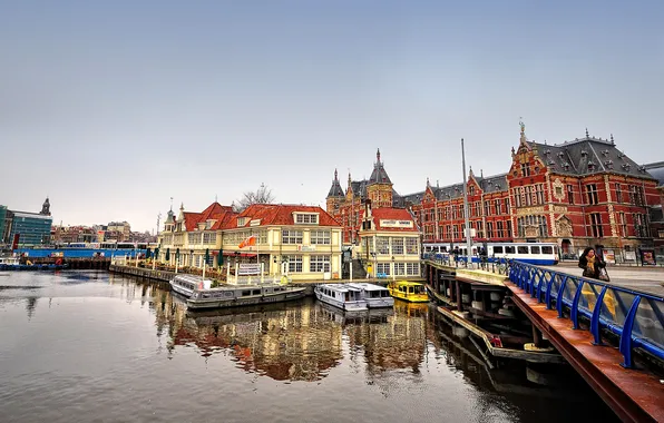 Картинка мост, дома, лодки, канал, амстердам, nederland, amsterdam, нидерланды