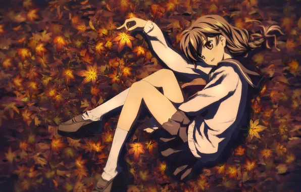Картинка осень, листья, улыбка, Девушка, школьная форма