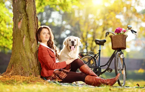 Картинка трава, деревья, природа, велосипед, женщина, собака, girl