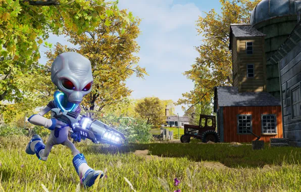 Трава, деревья, дом, оружие, игра, трактор, game, бежит