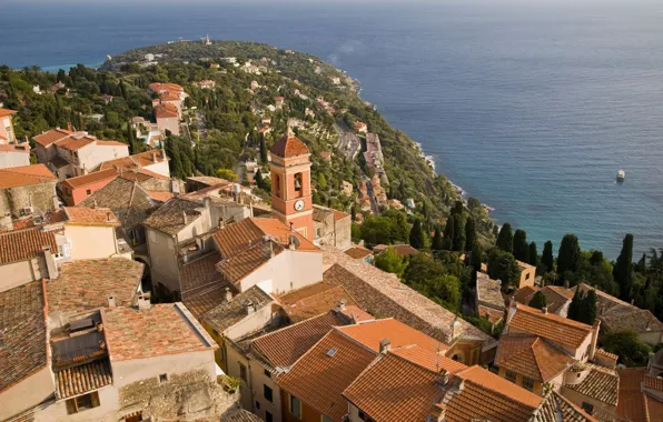 Картинка Франция, дома, побережье, город, крышы, Roquebrune-Cap-Martin