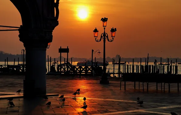 Картинка вода, закат, венеция, италия, площадь сан-марко, вонарь, дворец дожей