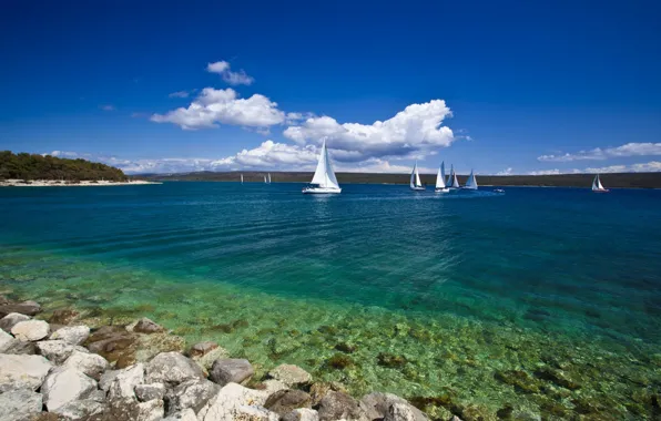 Картинка море, пляж, камни, берег, остров, яхта, Хорватия, Mali Lošinj