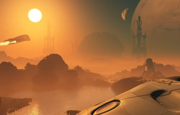 Star, sky, water, spaceship, planet, towers, new space