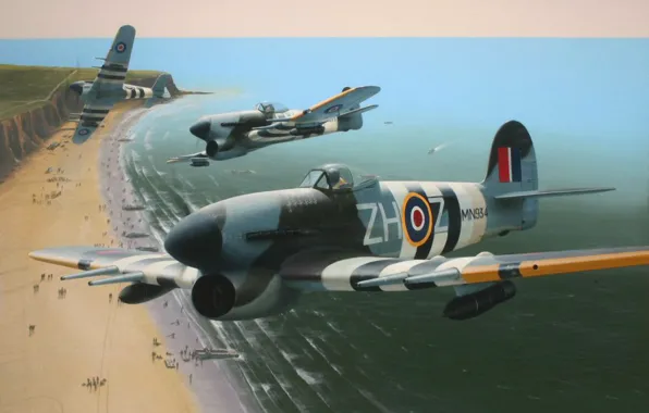 Картинка war, art, painting, drawing, ww2, Typhoon MN934, d-day, Typhoons Over Normandy by Ivan Berryman