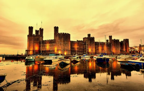 Картинка закат, река, замок, стены, лодки, вечер, Великобритания, башни