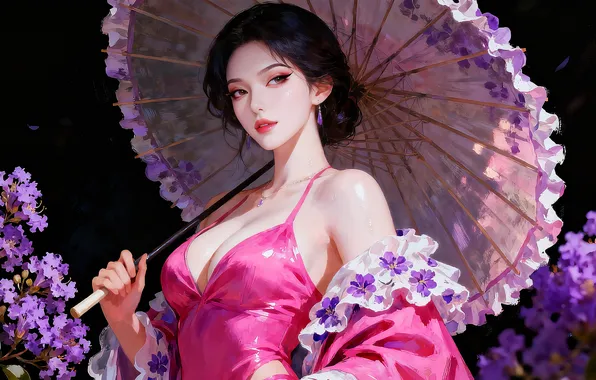 Картинка nature, woman, umbrella, young, beautiful, model, asian, slender
