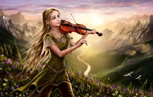 Картинка девушка, цветы, горы, птицы, природа, река, рассвет, скрипка, холм, фэнтези, арт