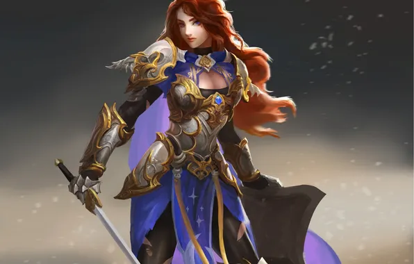 Картинка девушка, меч, доспехи, воин, арт, щит, красные волосы