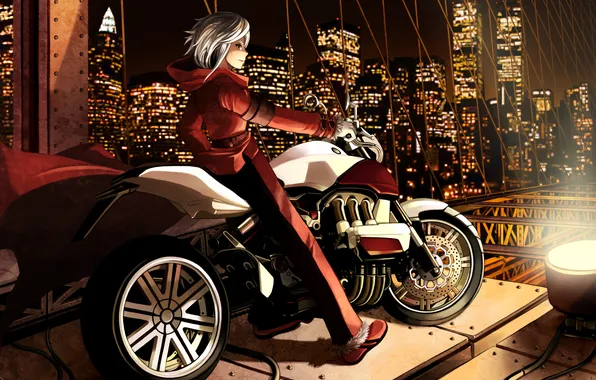 Картинка взгляд, девушка, улыбка, мотоцикл, прожектор, art, огни ночного города, JIRAKUN