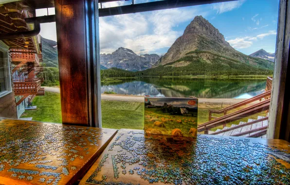 Картинка вода, горы, пруд, река, пазлы, вид из окна